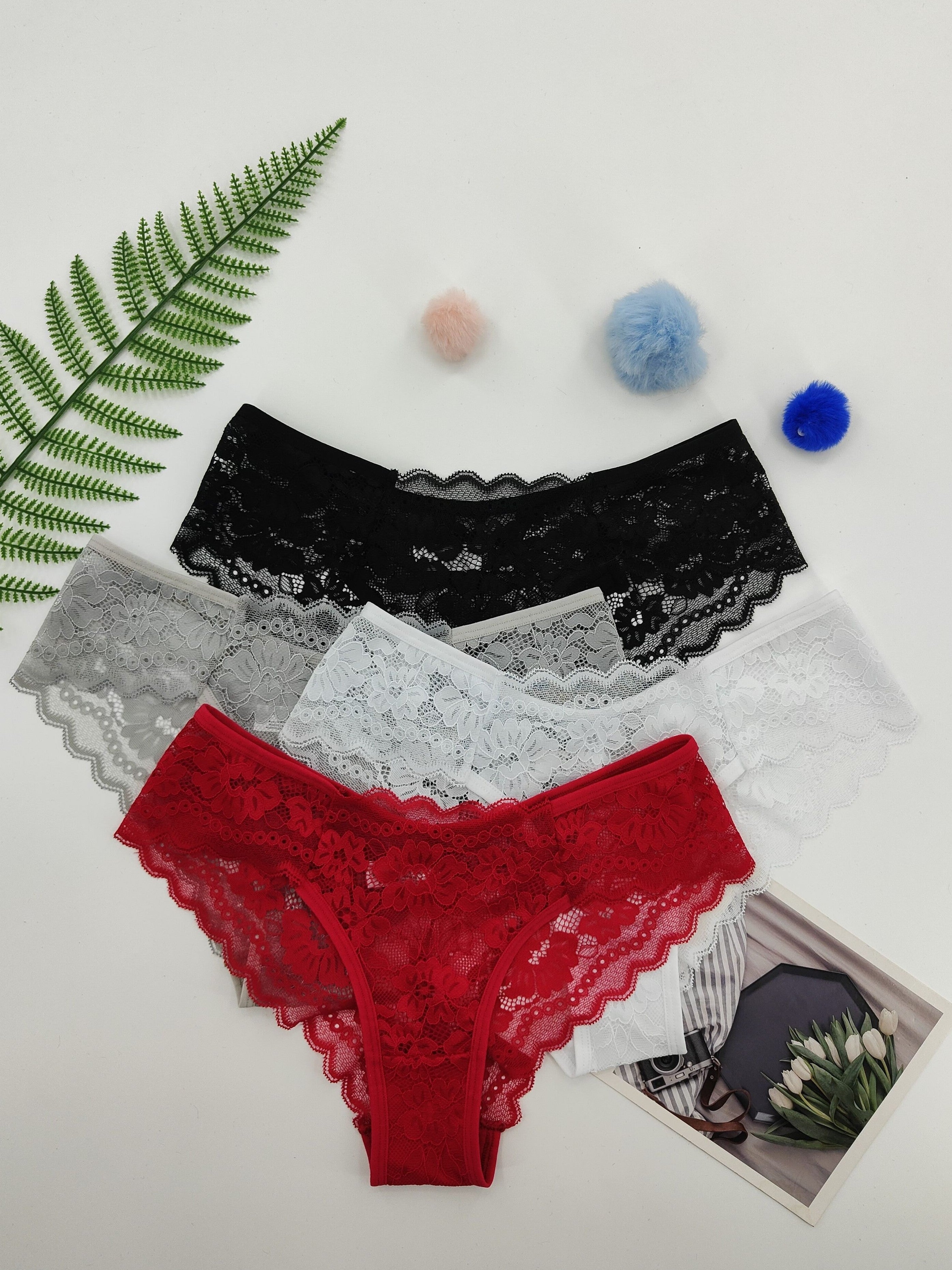 4 Pcs Women's Elegant Sheer Jacquard Lace Bikini Panties, Mid Stretch Low Waist Panties, Women's Lingerie & Underwear