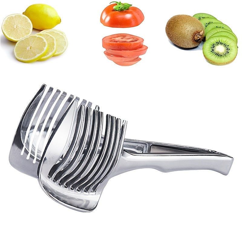 1pc Tomato Lemon Slicer, Round Fruit Onion Slicer with Knife Handle Guide Pliers, Stainless Steel Kitchen Potato Lime Food Holder