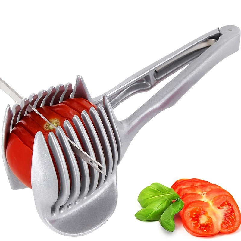 1pc Tomato Lemon Slicer, Round Fruit Onion Slicer with Knife Handle Guide Pliers, Stainless Steel Kitchen Potato Lime Food Holder