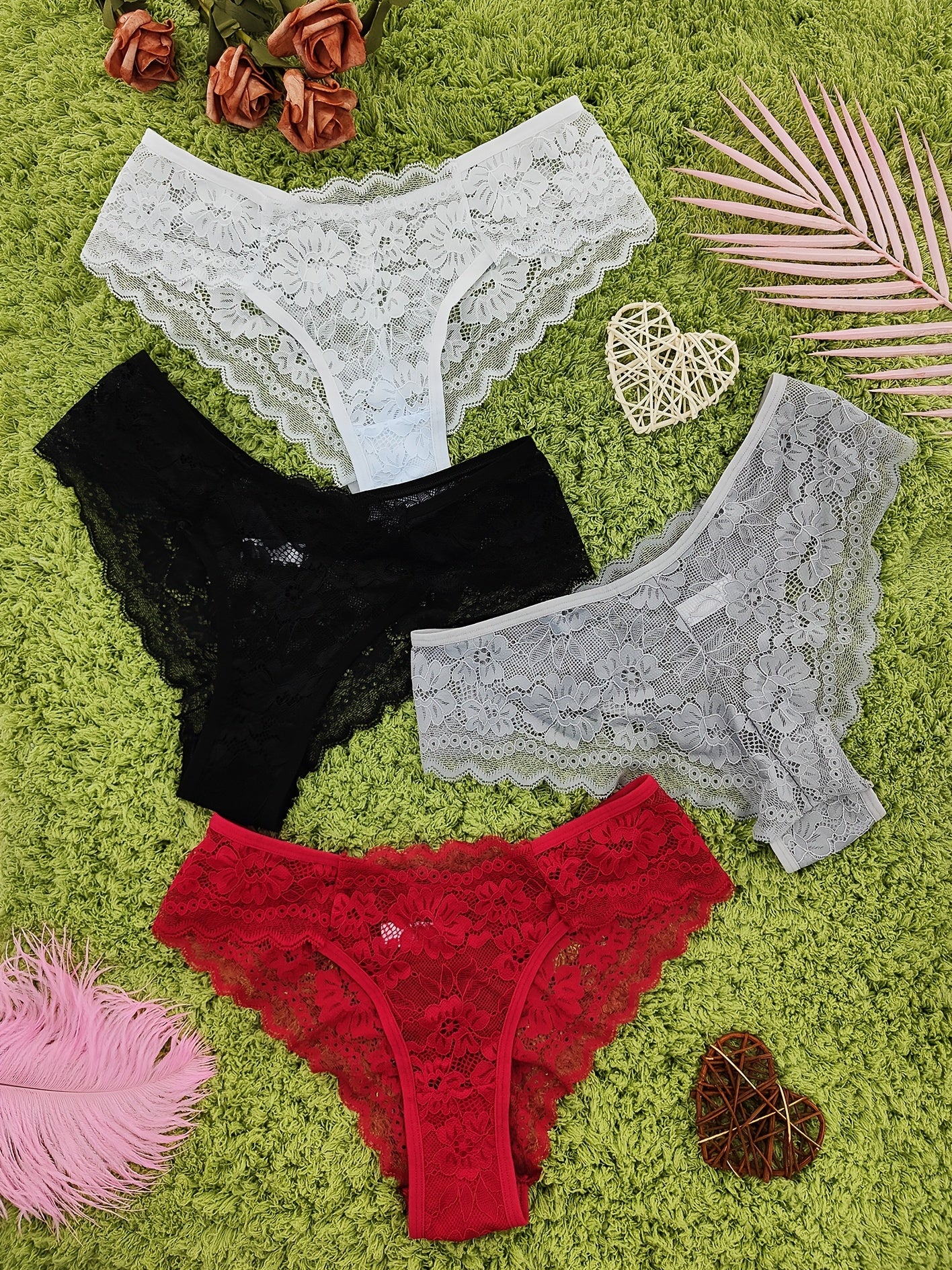 4 Pcs Women's Elegant Sheer Jacquard Lace Bikini Panties, Mid Stretch Low Waist Panties, Women's Lingerie & Underwear
