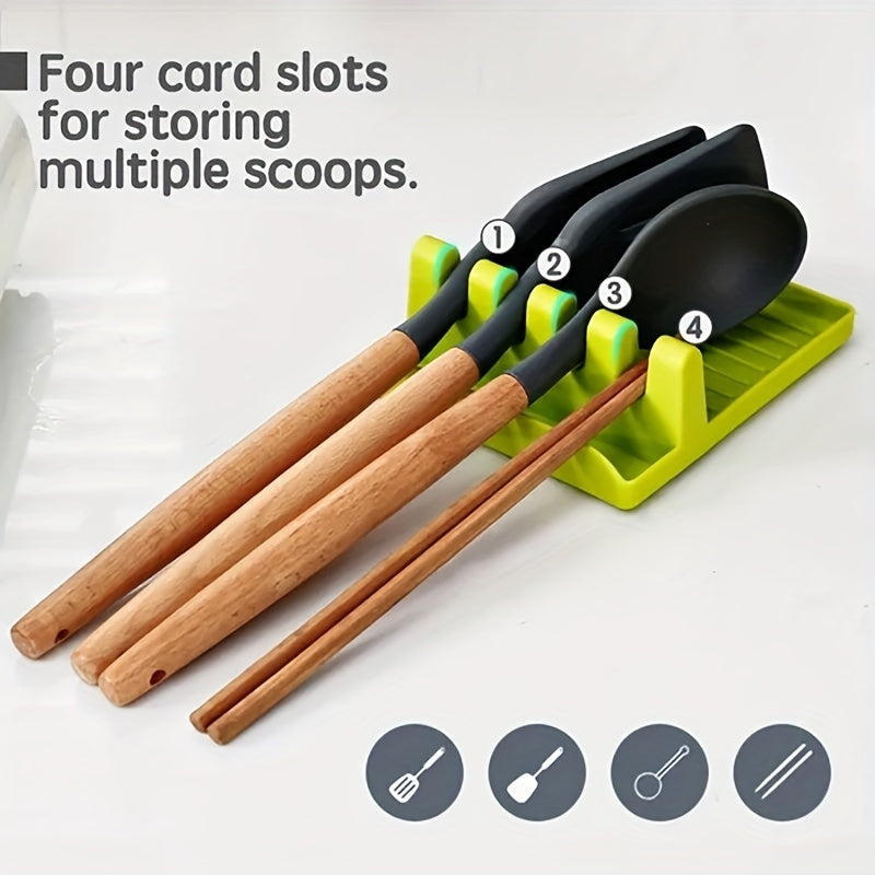 1pc White/Green Kitchen Utensil Holder with 4 Slots, Multi-Functional Stove Utensil Organizer, Smooth Plastic Easy-to-Clean Design with Hanging Hole for Drying, Raised Edge Anti-Spill Design, Suitable for Spatulas, Ladles, Ch