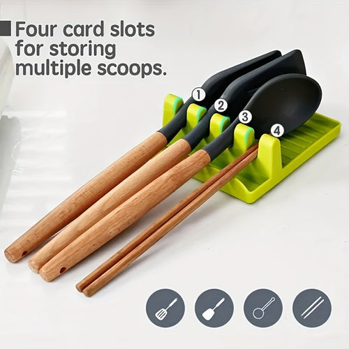 1pc White/Green Kitchen Utensil Holder with 4 Slots, Multi-Functional Stove Utensil Organizer, Smooth Plastic Easy-to-Clean Design with Hanging Hole for Drying, Raised Edge Anti-Spill Design, Suitable for Spatulas, Ladles, Ch
