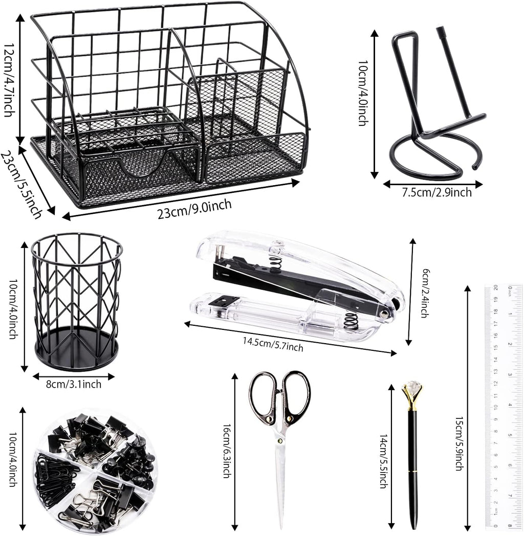 Desk Organizers Accessories Office Supplies Set Stapler, Pen Holder, Phone Holder, Scissors, Pen, Ruler, 30 Paper Clips, 22 Bind