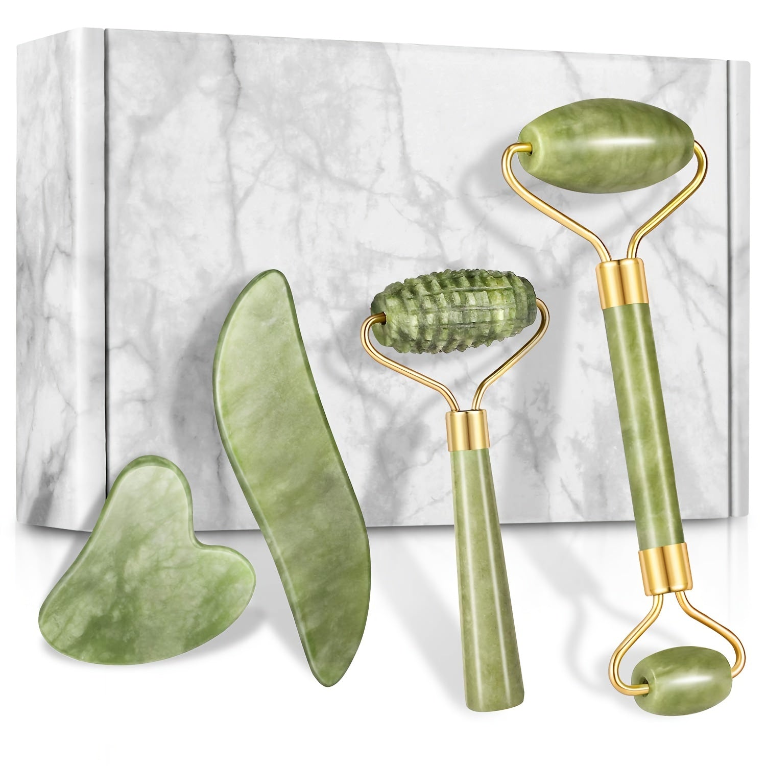 4pcs Facial Roller & Gua Sha Set, Facial Roller Massager with Gua Sha Scraping Tool, Stone Massager
