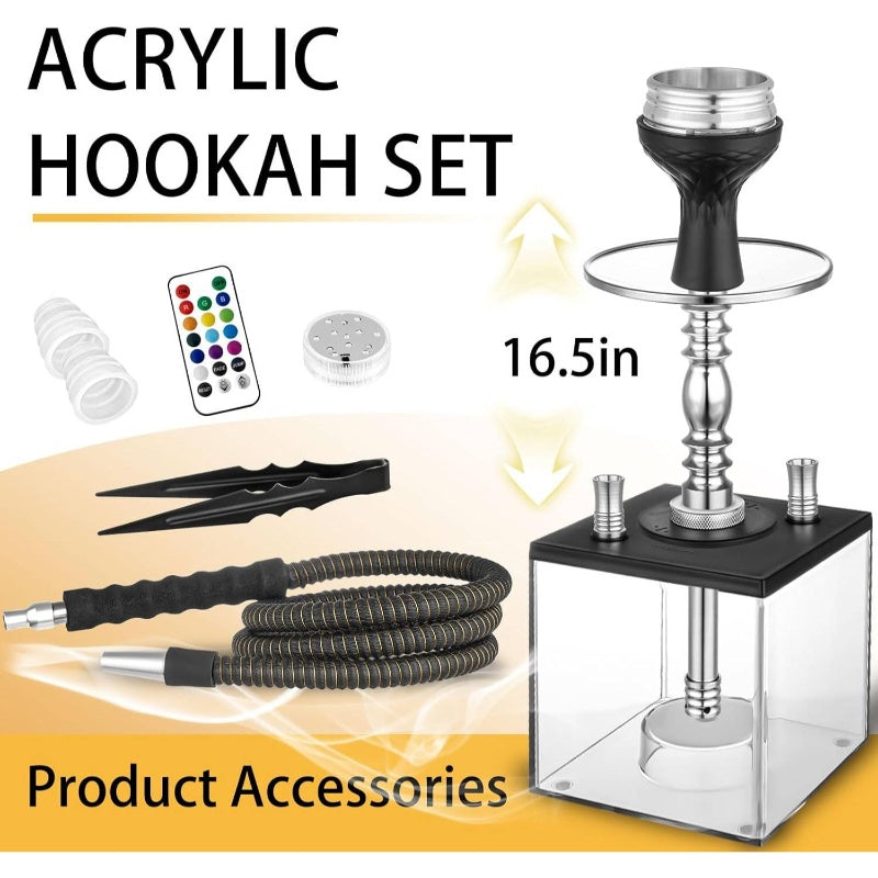 2 Hose Set Micro Cube Acrylic with Bowl Coal Tong Charcoal Holder Magical Remote LED Light Better Narguile Smoking, Smoking Accessories, Shisha Setup, Stylish Smoking Kit, Compact Design, Highquality Hoses, Acrylic Constructi