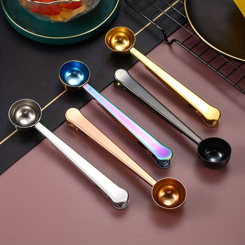 1pc Coffee Scoops With Bag Clip, 2 In 1 Stainless Steel Measuring Spoon, Sealing Clamps, Multifunctional Milk Powder Scoop With Sealing Clip, Kitchen Accessories