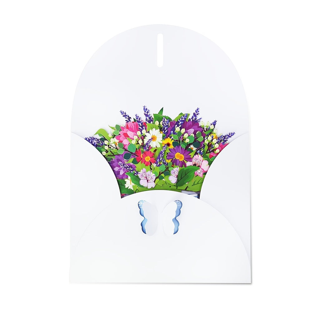 1pc Exquisite 3D Pop Up Spring Bouquet Greeting Card - Handmade Paper Carved Cartoon Card for Birthday, Spring Wedding, Anniversary, Get Well, Sympathy - Unique Party Favors, Decorative Gift Supplies with Delicate Floral Desi